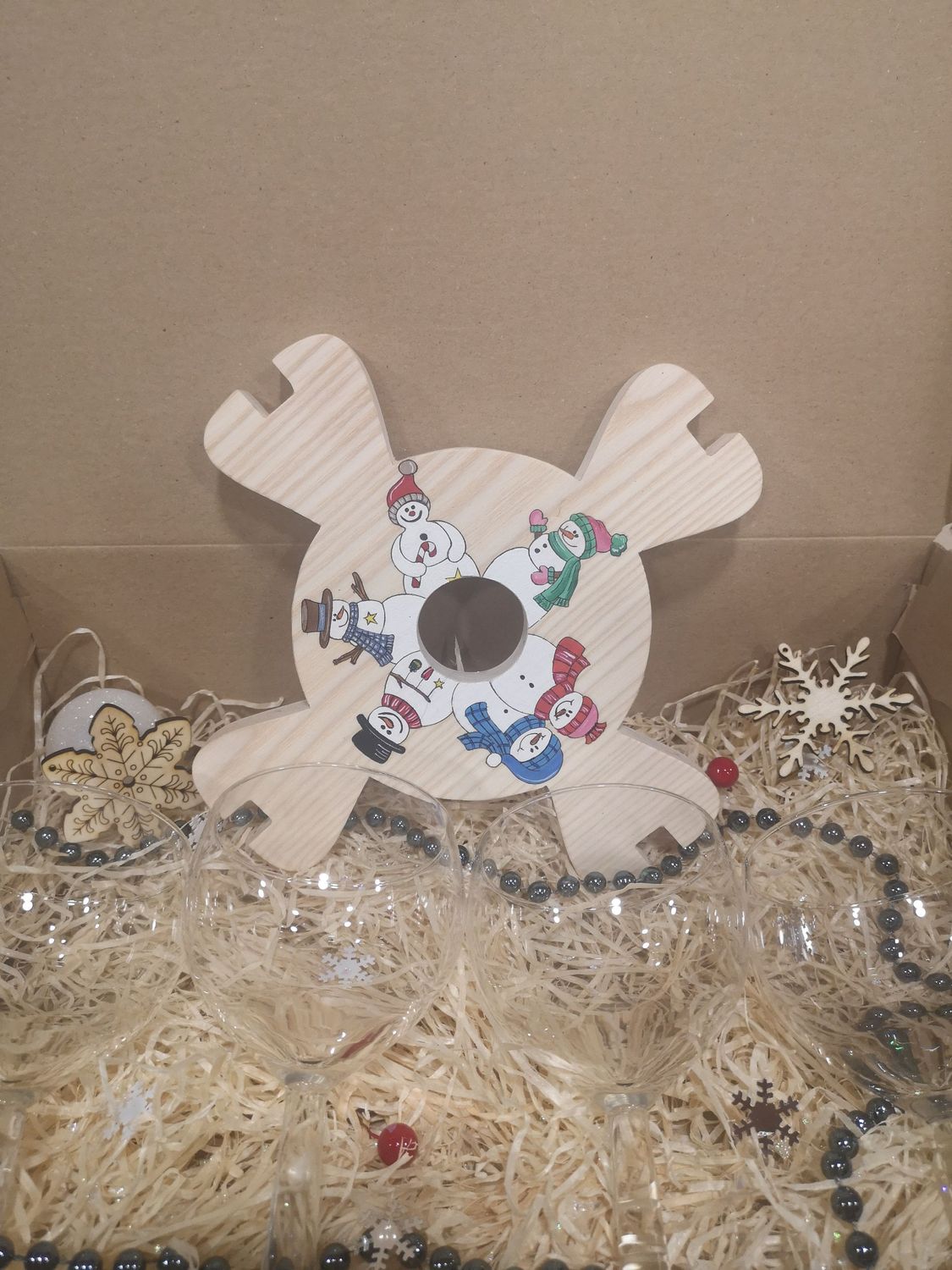 Présentoir à verres (4) de présentation sur bouteille bonhomme de neige et dessous de plat