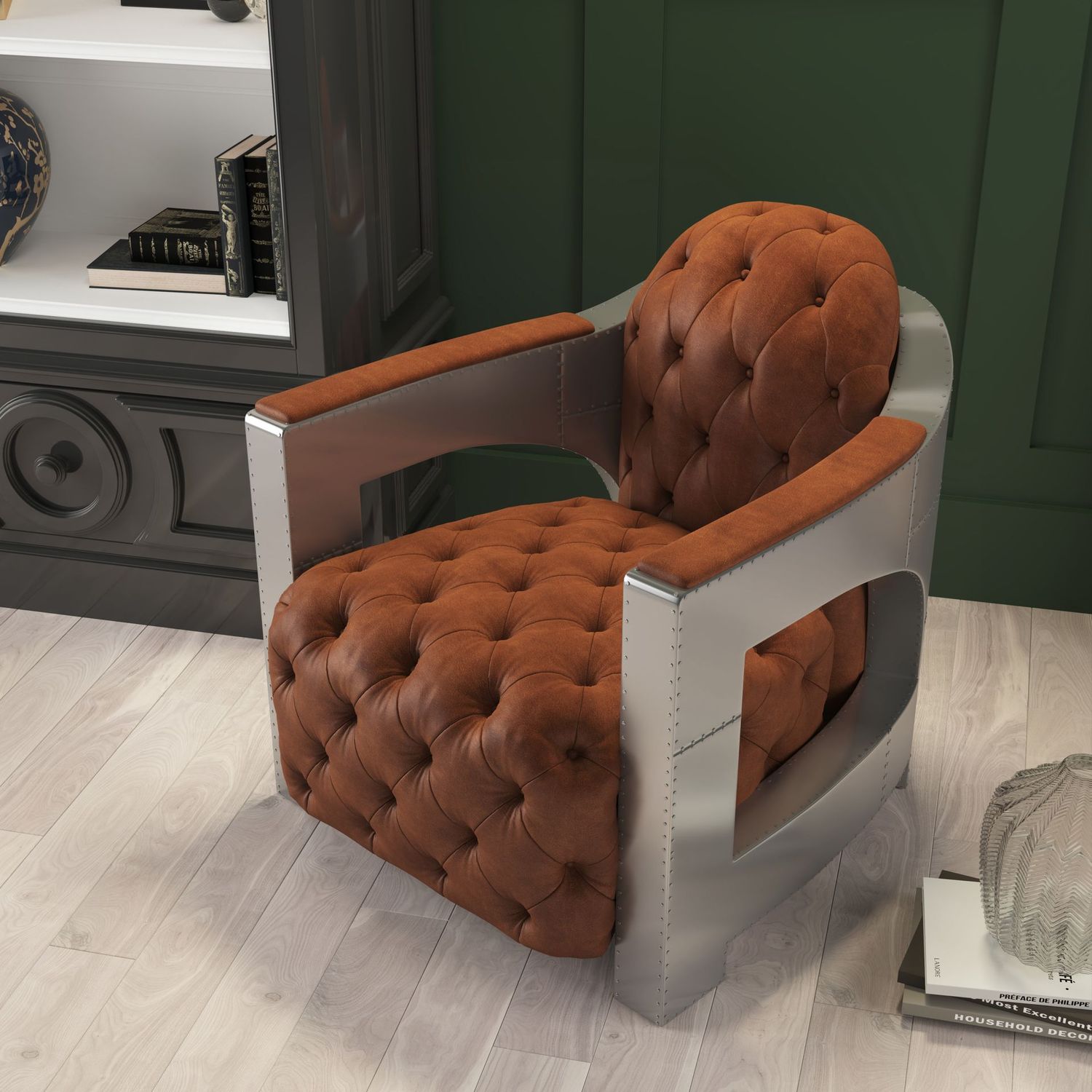 Aircraft Ledersessel Braun Vintage Chesterfield Design