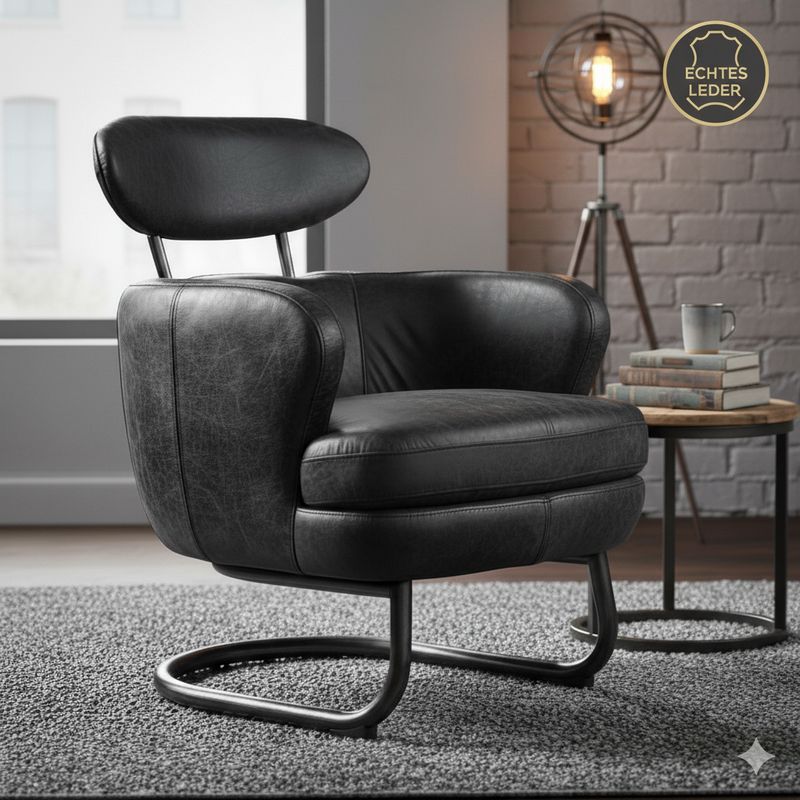 Retro Schwingsessel Ledersessel in Schwarz