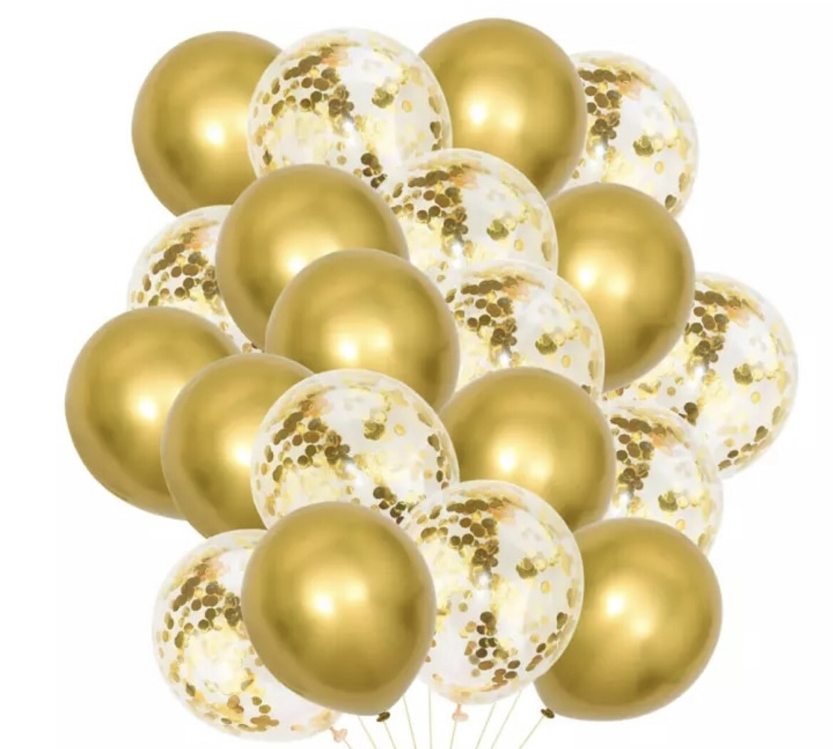Ensemble de ballons pour vos évènements, Choisissez la couleur: 5 ballons dorés et 5 ballons confettis doré