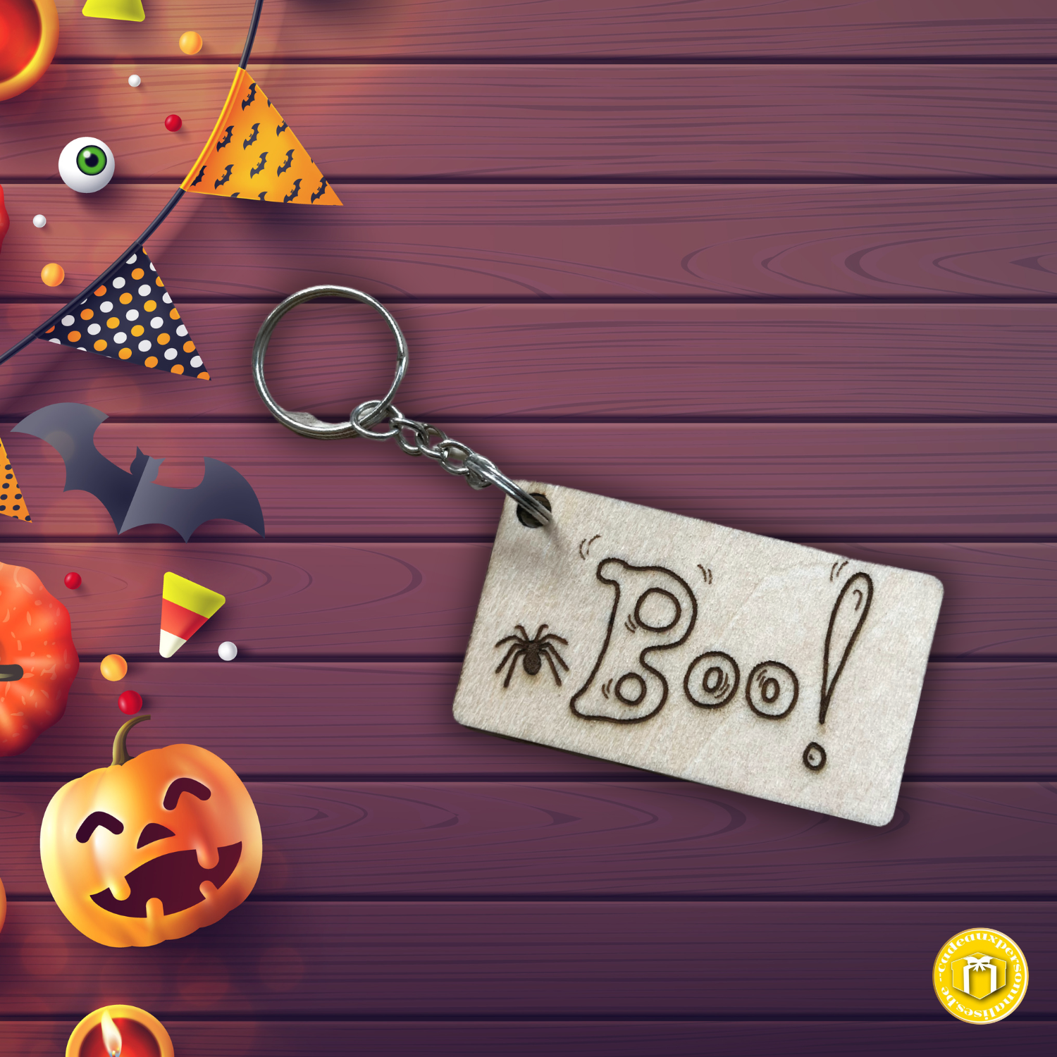 Porte-clés en bois boo Halloween