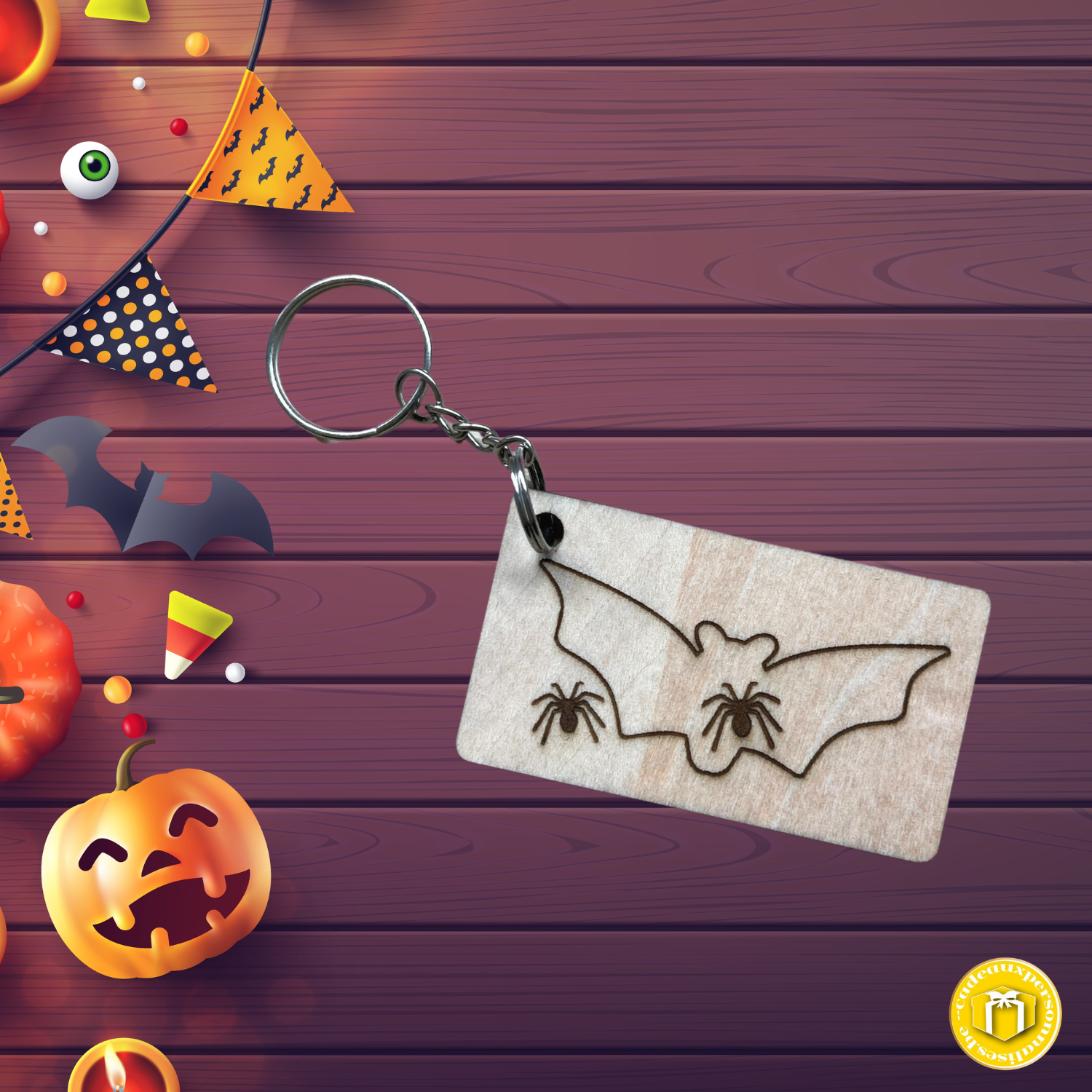 Porte-clés en bois chauve souris Halloween