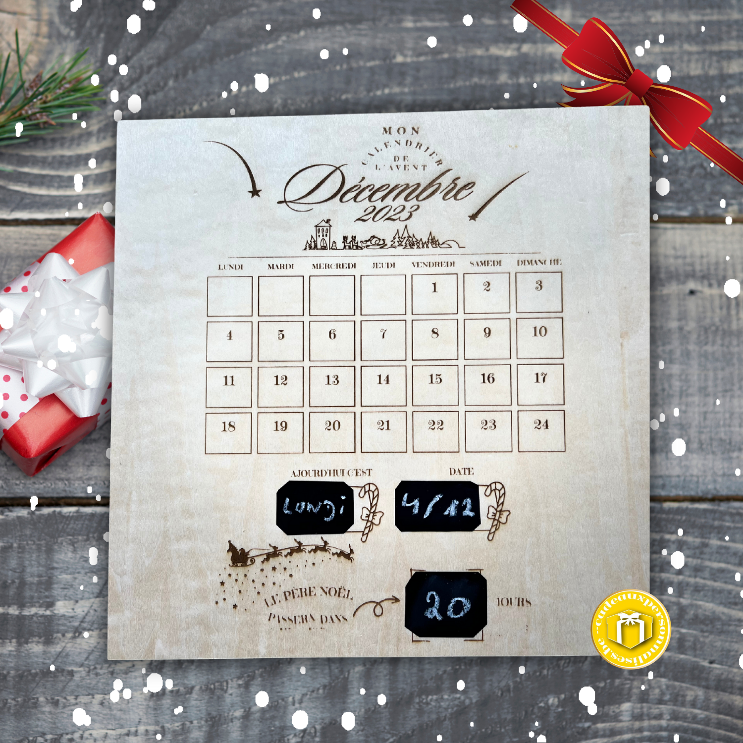 Pour les enfants nous avons réalisé un calendrier spécialement pour le mois de décembre pour décompter les jours jusque la venue du père Noël. Notre calendrier est effaçable. Vous pouvez inscrire les jours, la date et le nombre de jours restants.