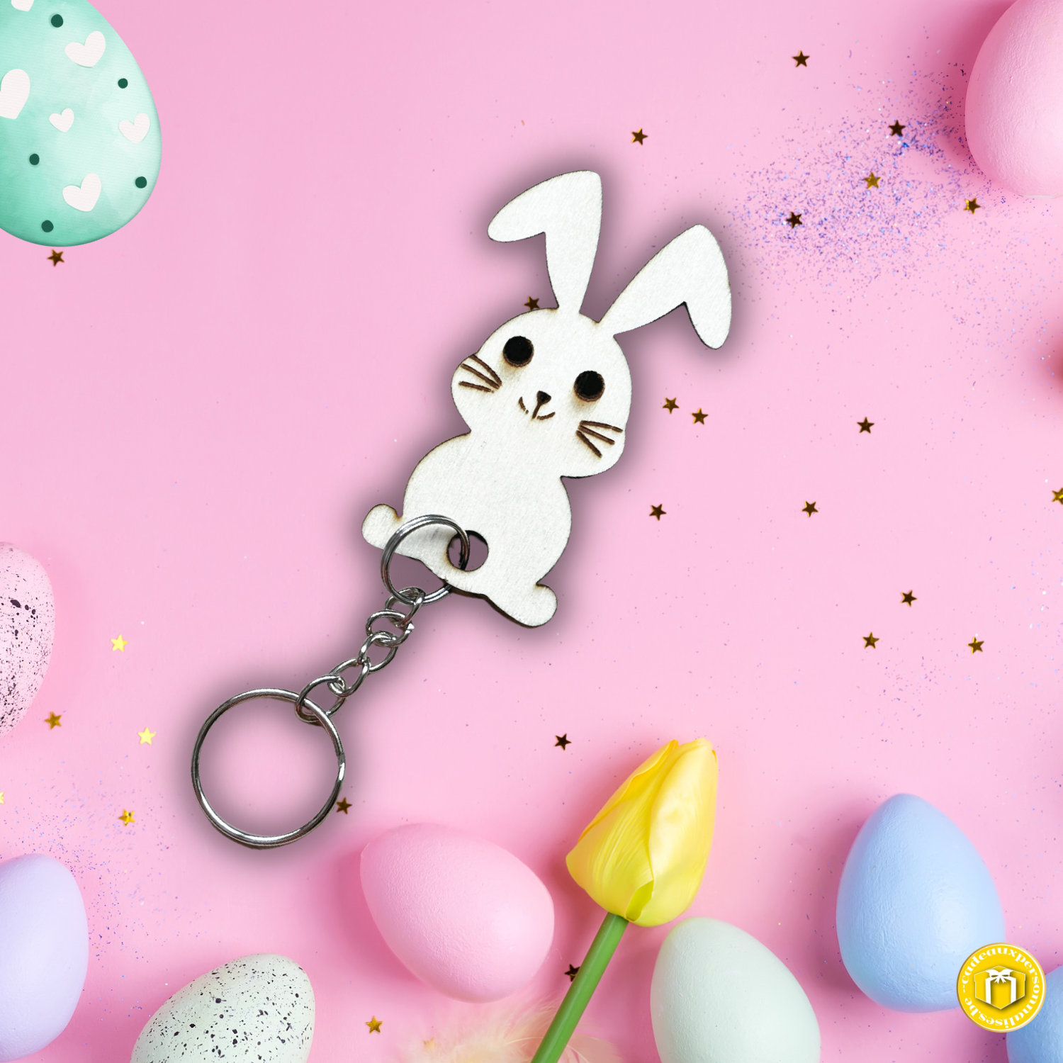 Porte-clés lapin de Pâques en bois.