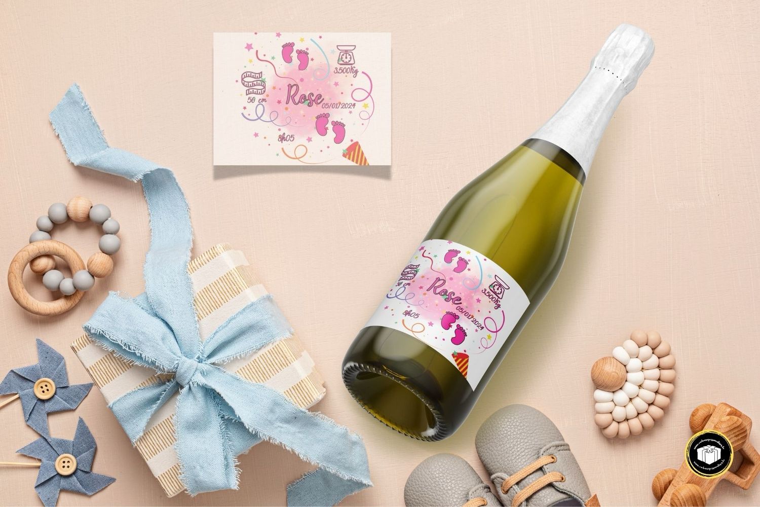 Étiquette bouteille pour annoncer une naissance