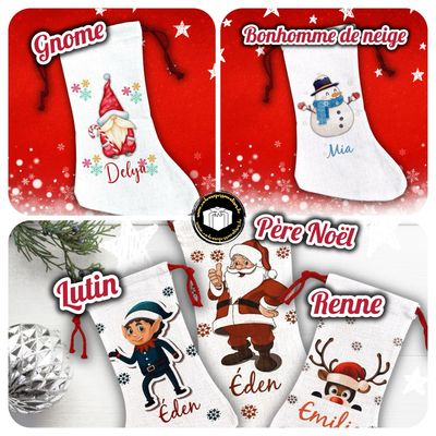 Grande chaussette en tissu pour Noël à personnaliser avec un prénom. Très belle qualité de tissu. Thème gnome de Noël.