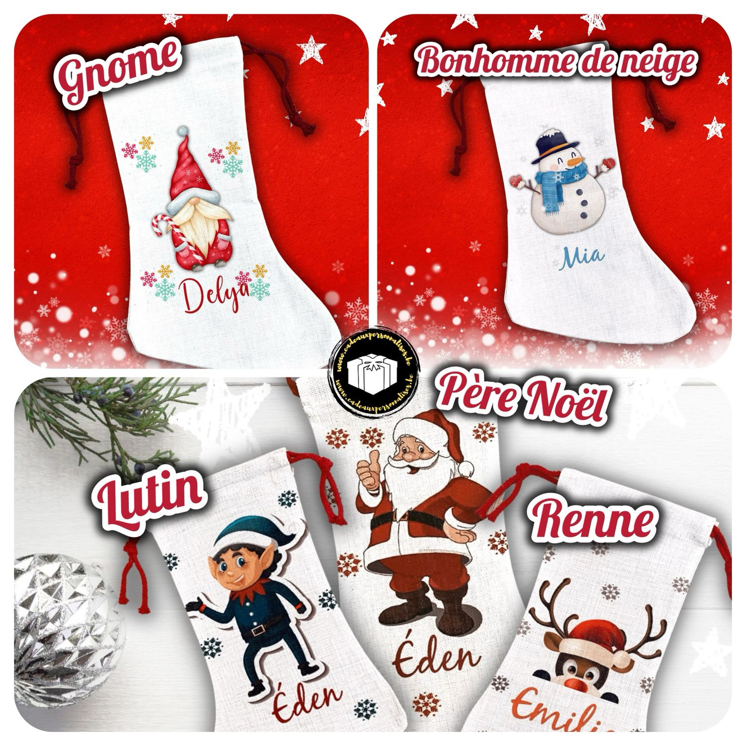 Grande chaussette en tissu pour Noël à personnaliser avec un prénom. Très belle qualité de tissu. Thème bonhomme de neige.