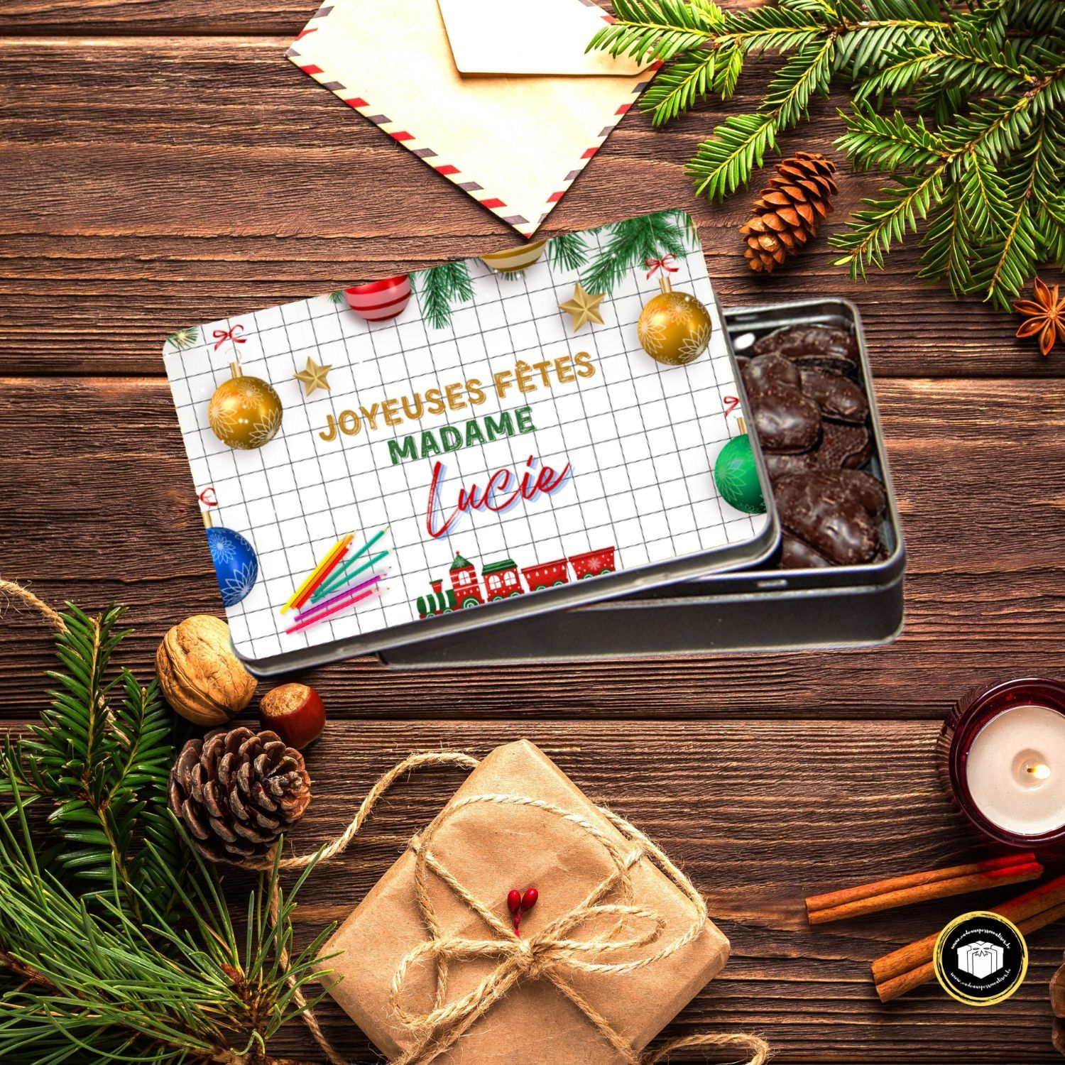 Boîte en métal pour biscuits, bonbons, chocolat pour les fêtes de Noël pour enseignants à personnaliser avec votre texte.