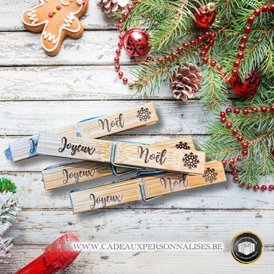 Grande Pince à Linge en Bambou &quot;Joyeux Noël&quot; – Déco de Table ou Maison