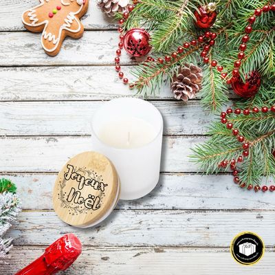 Bougie Joyeuses Fêtes en verre avec bouchon en bambou