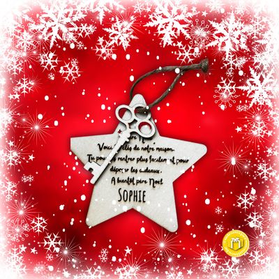 Une clé magique pour le père Noël pour tous les enfants qui n'ont pas de cheminée. Le père Noël nous a demandé de les graver en inscrivant le prénom de l'enfant pour qu'il puisse vite arriver chez vous.