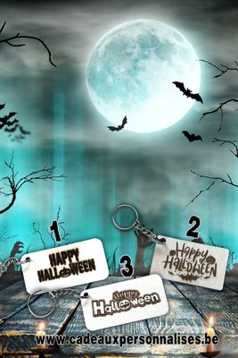 Porte-clés en bois Halloween avec anneau coupé et gravé dans notre atelier en Belgique.