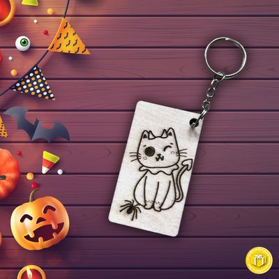 Porte-clés en bois chat Halloween 