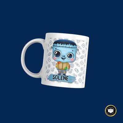 Mug en porcelaine brillante blanche de 330 ml monstre Halloween. Lavable dans lave vaisselle.