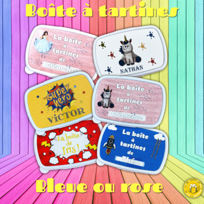 Boîte à tartine personnalisée pour l'école avec un prénom.