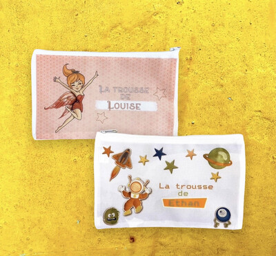 Trousse format maquillage pour l'école personnalisée avec un prénom.