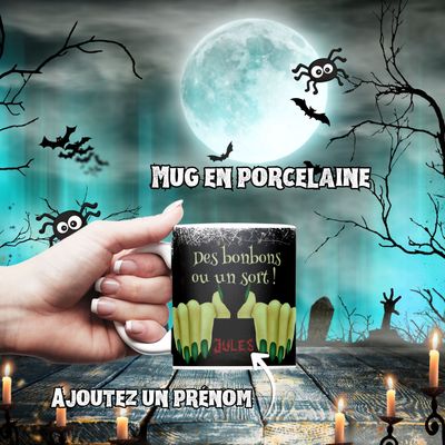 Mug en porcelaine sur le thème d'Halloween "Des bonbons ou un sort"