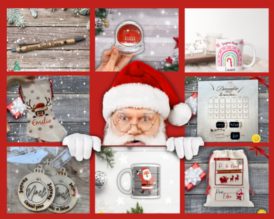 Cadeaux personnalisés pour Noël. Mug pour Noël, chaussette de Noël, hotte de Noël, stylo bambou pour Noël, étiquettes ...