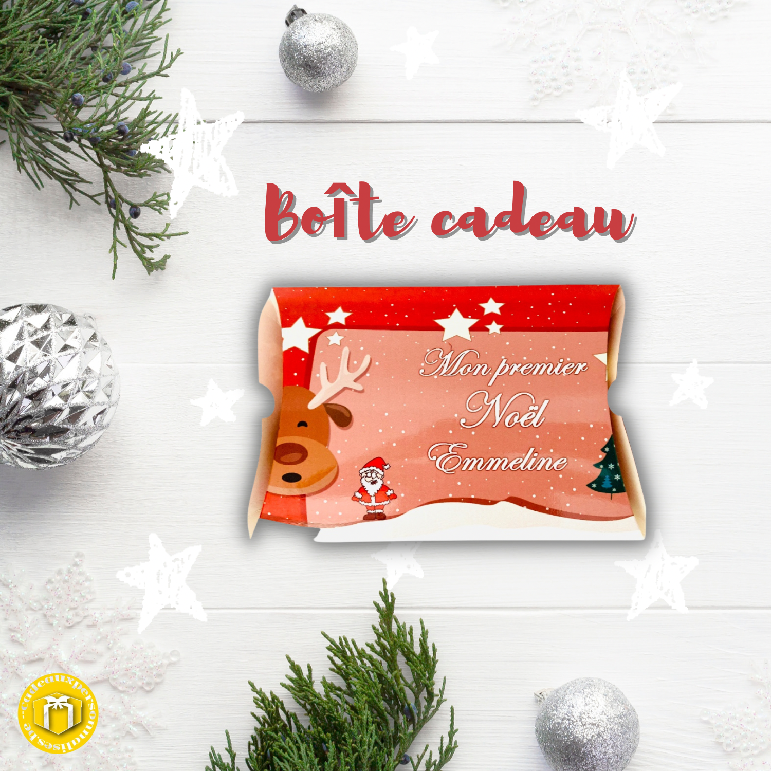 Boîte cadeau en carton glacé mon premier Noël pour les cadeaux. A personnaliser avec un prénom.