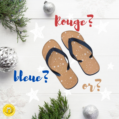 Tong sur le thème de Noël disponible en doré, rouge ou bleu. Pointure du 36 au 45.