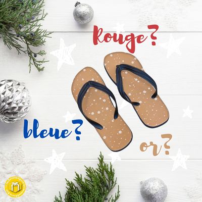 Tong sur le thème de Noël disponible en doré, rouge ou bleu. Pointure du 36 au 45.