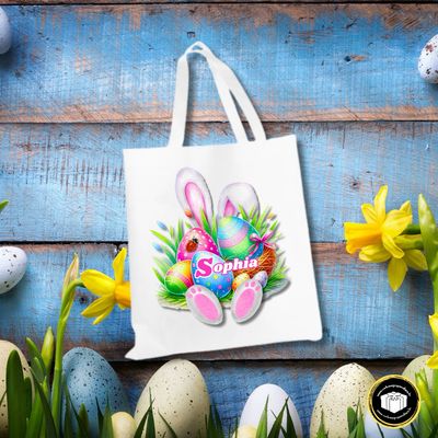 Tote bag lapin de Pâques avec prénom Tote bag lapin de Pâques rose avec prénom