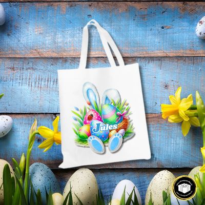 Tote bag lapin de Pâques bleu avec prénom