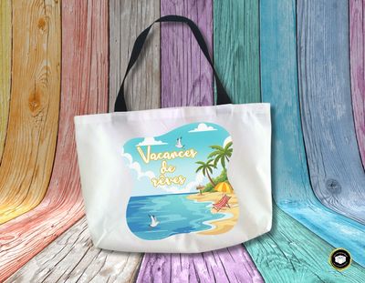 Granc sac en tissu sur le thème des vacances, idéal pour la plage ou les balades.
