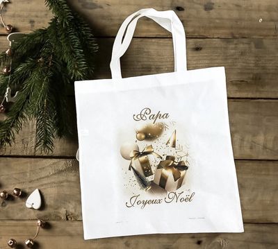 Sac cadeaux de Noël à personnaliser Tote bac en tissu thème Noël beige à personnaliser avec votre texte.