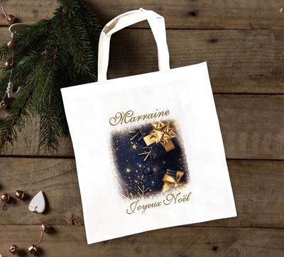 Tote bac en tissu thème Noël bleu à personnaliser avec votre texte.