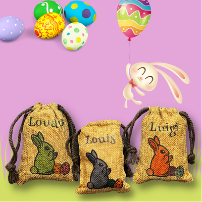 Pochon de Pâques avec prénom Pochon en tissu lapin de Pâques personnalisable avec un prénom. Lapin vert, bleu et rouge.