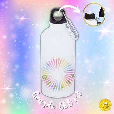 Gourde avec arc en ciel personnalisée avec un prénom. En aluminium et d'une capacité de 600 ml