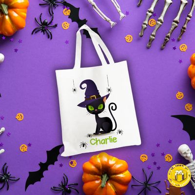 Grand tote bag en tissu épais blanc, solide avec couleurs éclatantes sur le thème chat Halloween.