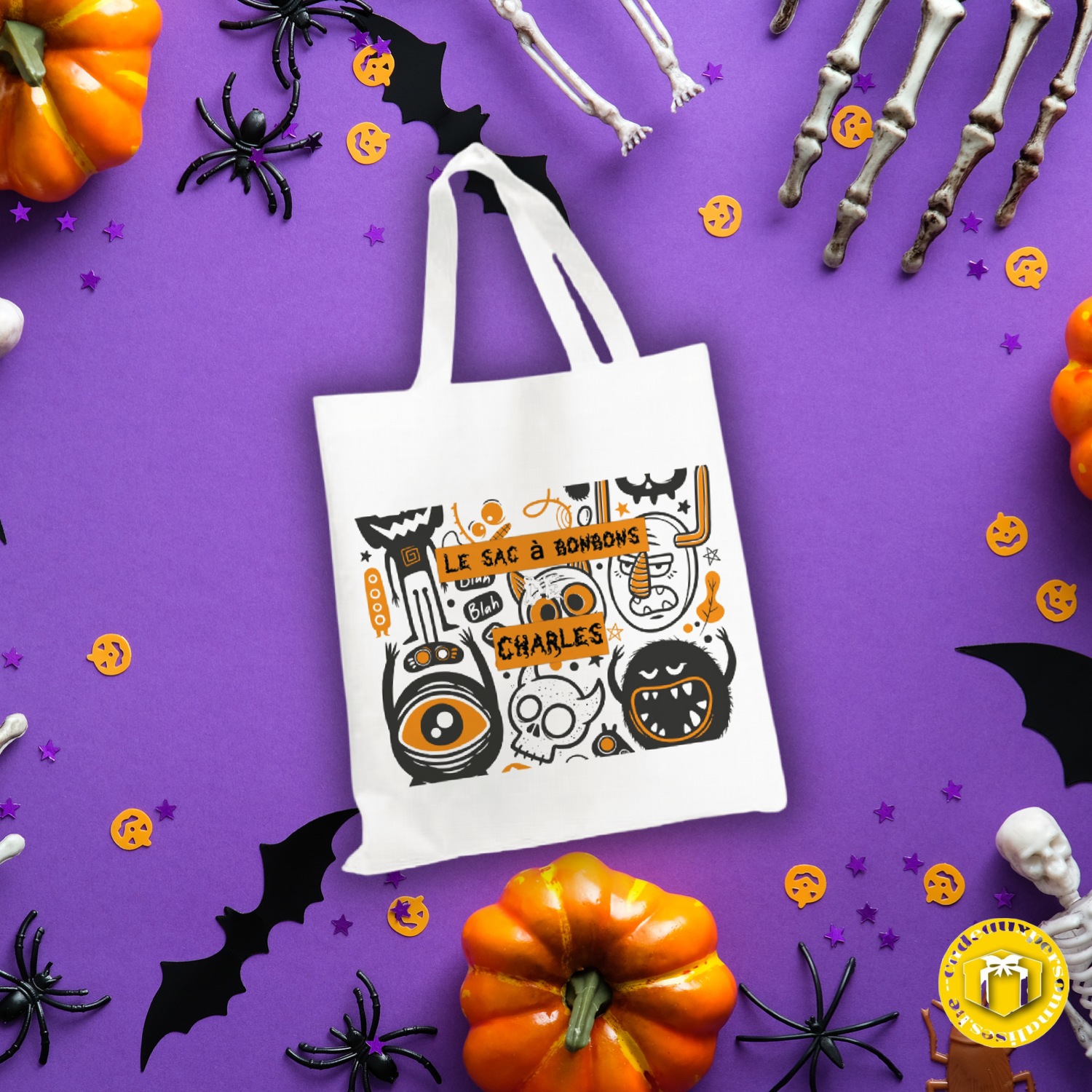Grand tote bag en tissu épais blanc, solide avec couleurs éclatantes sur le thème monstre Halloween.
