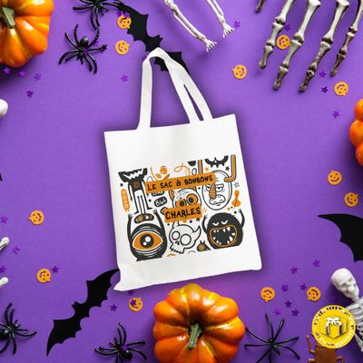 Grand tote bag en tissu épais blanc, solide avec couleurs éclatantes sur le thème monstre Halloween.