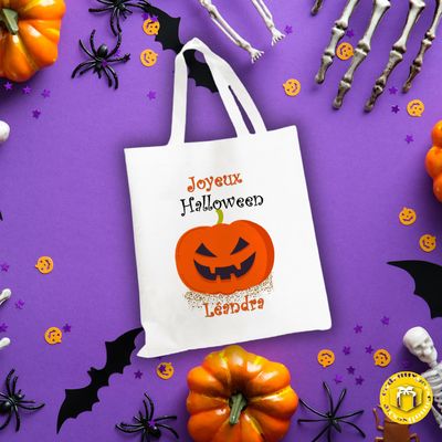 Grand tote bag en tissu épais blanc, solide avec couleurs éclatantes sur le thème citrouille Halloween.