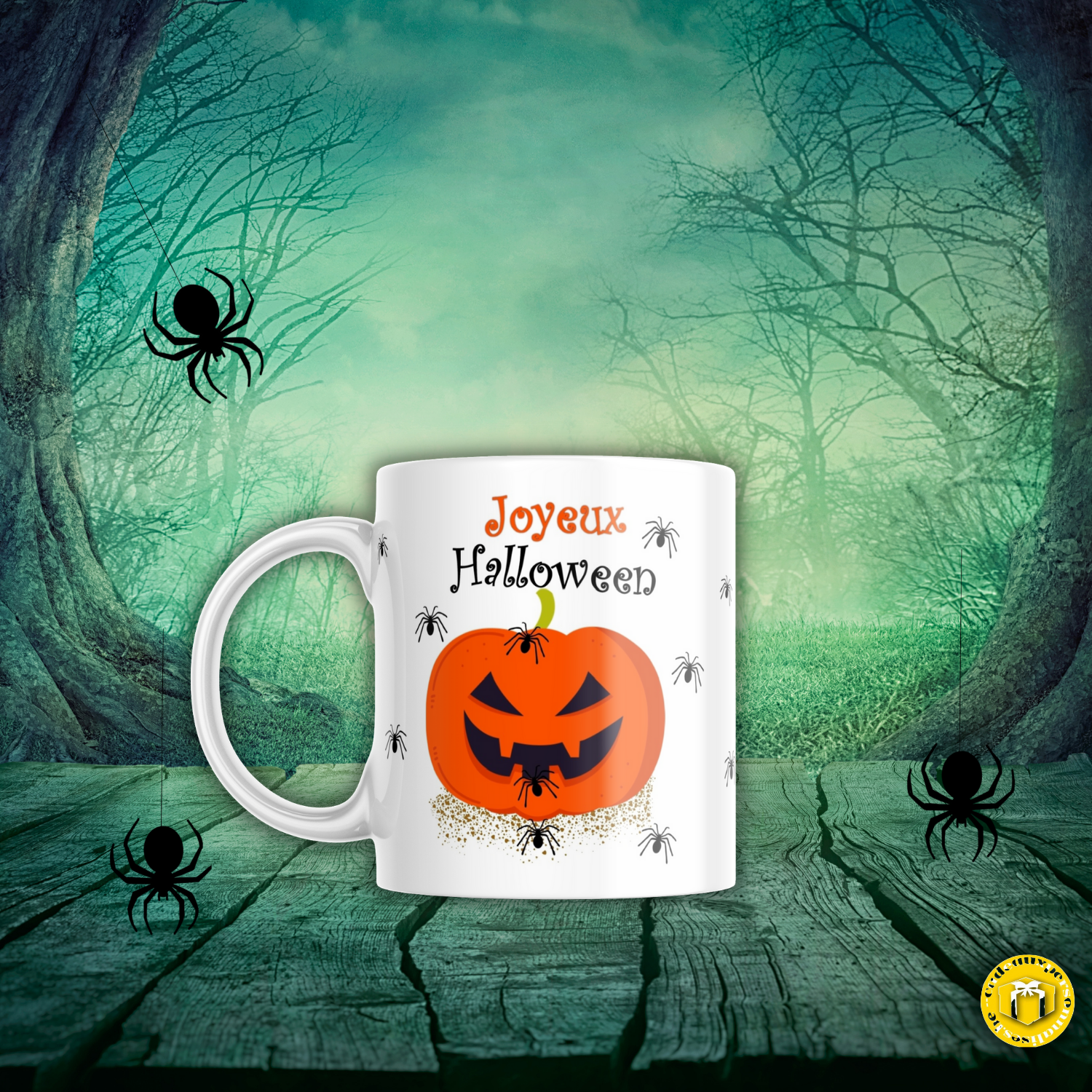 Mug en porcelaine brillante blanche de 330 ml citrouille d'Halloween. Lavable dans lave vaisselle.