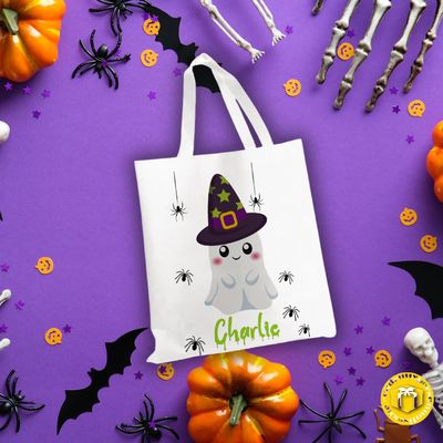 Tote bag enfant personnalisé fantôme halloween Grand tote bag en tissu épais blanc, solide avec couleurs éclatantes sur le thème Fantôme Halloween.