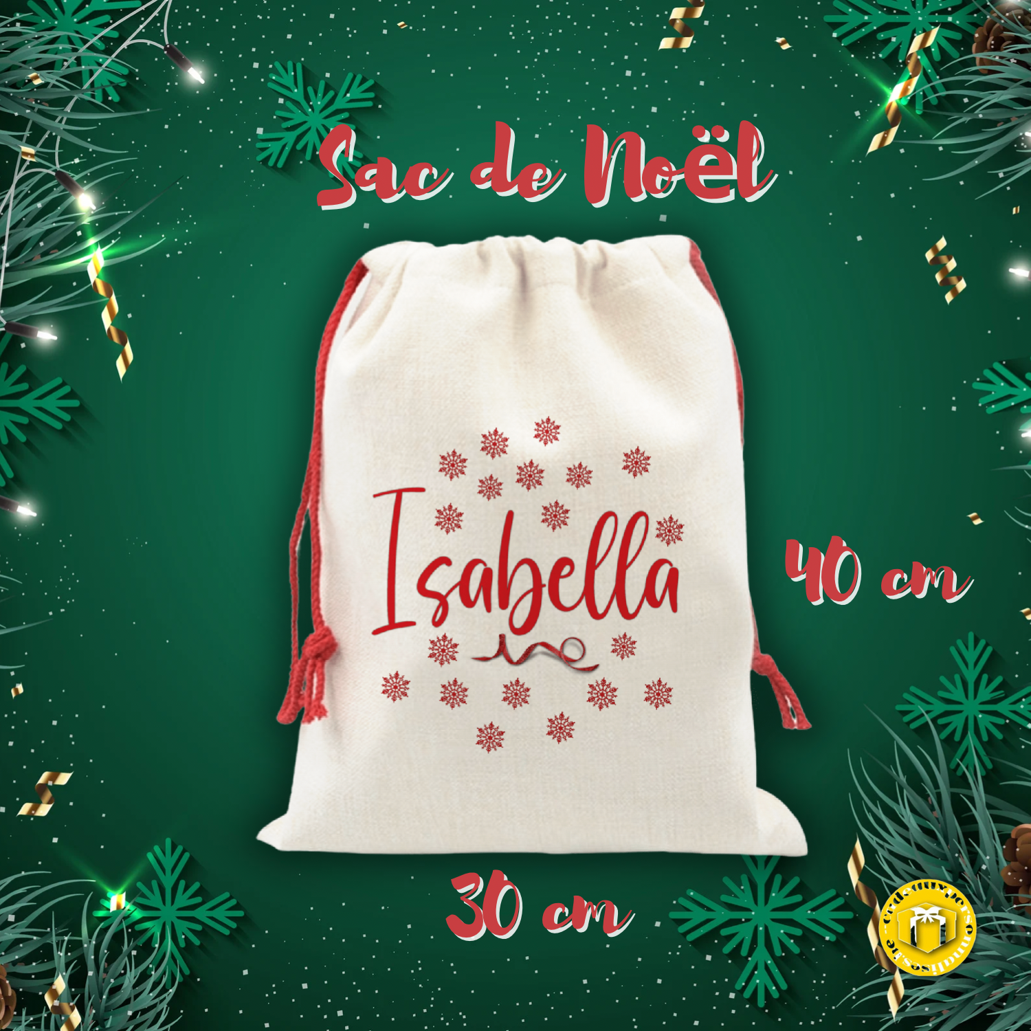 Grand sac en tissu pour les cadeaux de Noël. A personnaliser avec votre texte.
