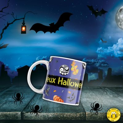Mug en porcelaine brillante blanche de 330 ml Joyeux Halloween. Lavable dans lave vaisselle.
