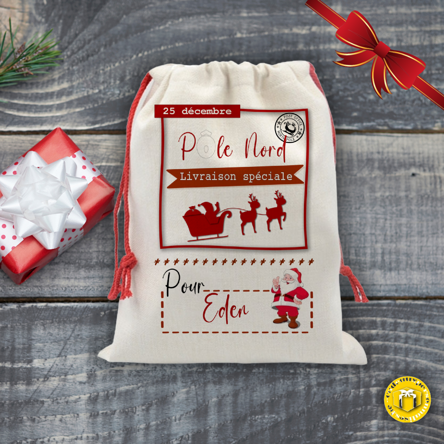 Grand sac de Noël ou hotte de Noël pour les enfants. A placer sous le sapin. Ce sac est personnalisable avec votre texte.