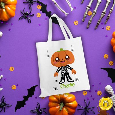 Tote bag enfant personnalisé squelette Halloween Grand tote bag en tissu épais blanc, solide avec couleurs éclatantes sur le thème squelette Halloween.