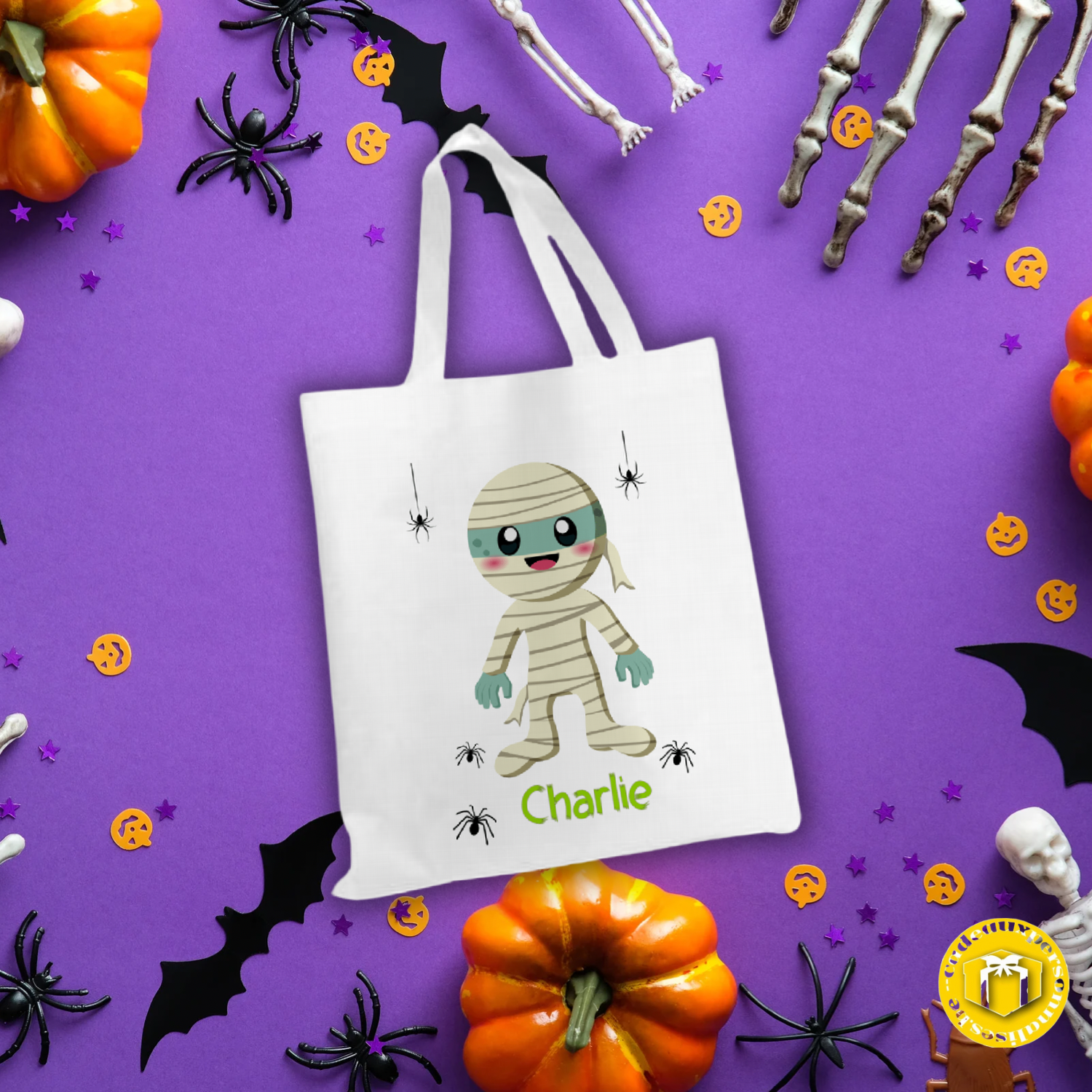 Grand tote bag en tissu épais blanc, solide avec couleurs éclatantes sur le thème momie Halloween.