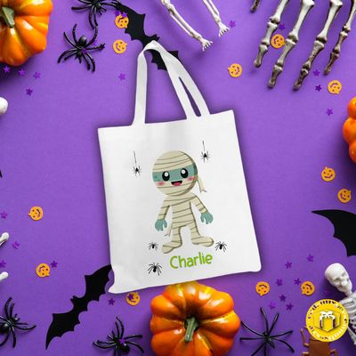 Grand tote bag en tissu épais blanc, solide avec couleurs éclatantes sur le thème momie Halloween.