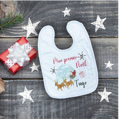 Bavoir mon premier Noël avec velcro taille unique avec matière éponge à l'arrière pour petits de 0 à 3 ans.