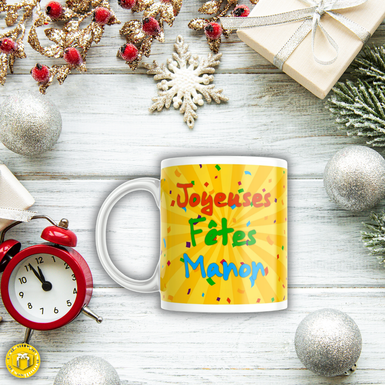 Mug coloré et pétillant joyeuses fêtes à personnaliser.
