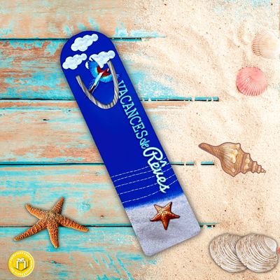 Marque page en aluminium personnalisé sur le thème de la plage idéal pour la lecture en bord de mer ou de la piscine.