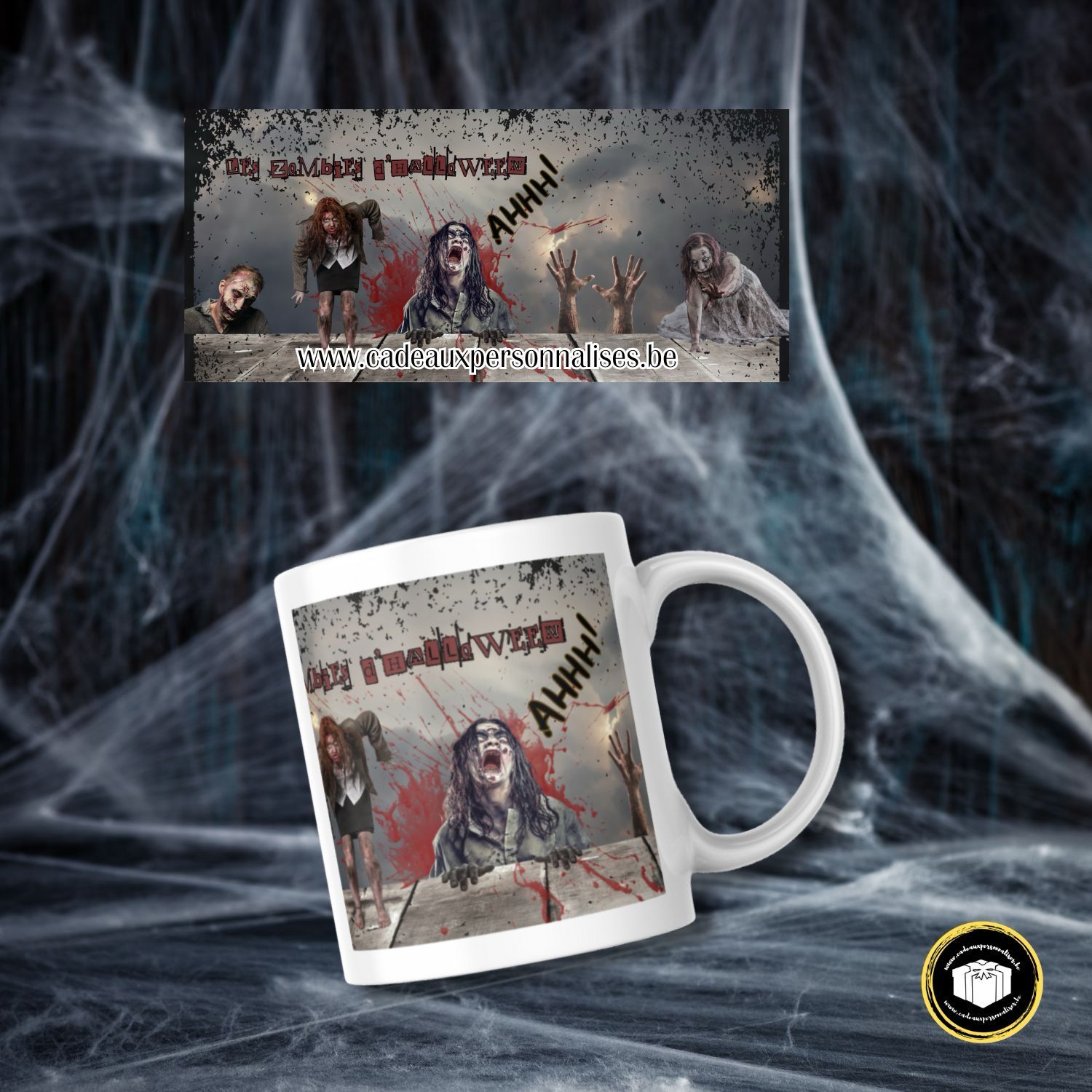 Mug en porcelaine brillante blanche de 330 ml sur les zombies d'Halloween. Lavable dans lave vaisselle.