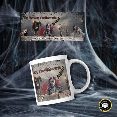Mug en porcelaine brillante blanche de 330 ml sur les zombies d'Halloween. Lavable dans lave vaisselle.
