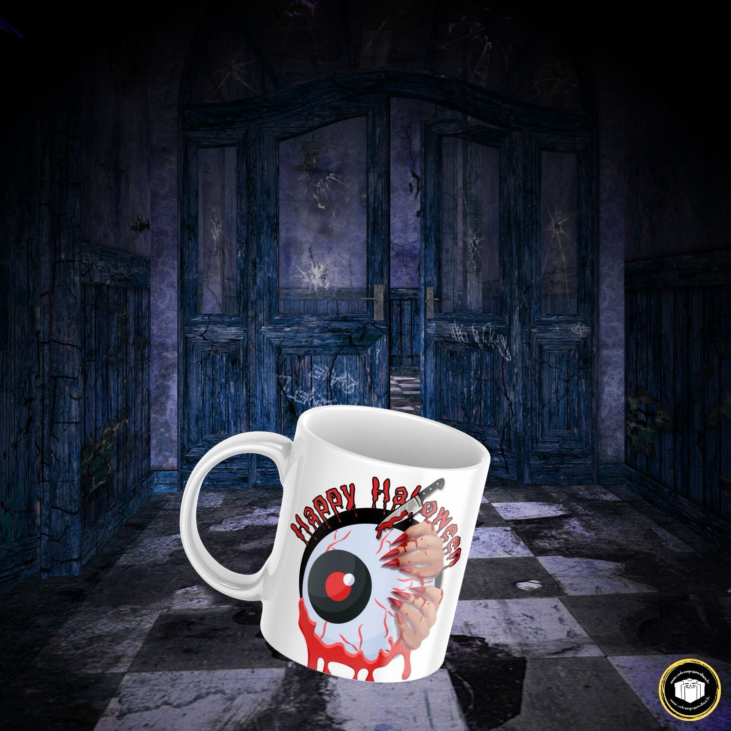 Mug en porcelaine brillante blanche de 330 ml Happy Halloween. Lavable dans lave vaisselle.